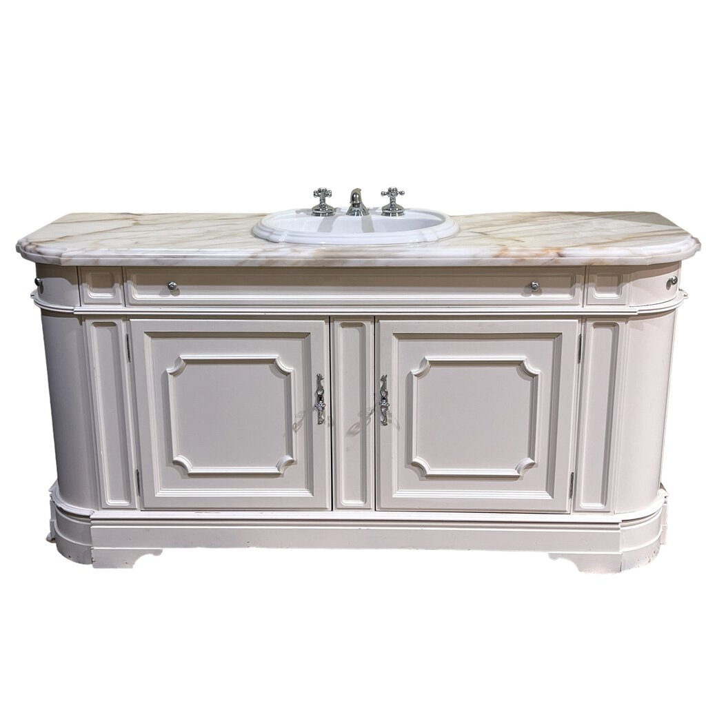 71" White Antique Style Solid Wood Console Converted to Vanity w/ Custom Marble Top/ Sink/ Faucet by Universal Furniture 71Lx23Wx36H