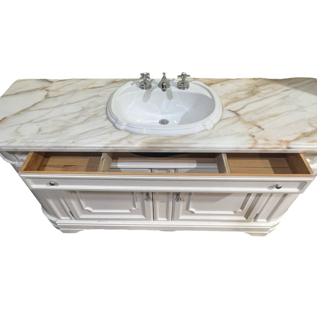 71" White Antique Style Solid Wood Console Converted to Vanity w/ Custom Marble Top/ Sink/ Faucet by Universal Furniture 71Lx23Wx36H