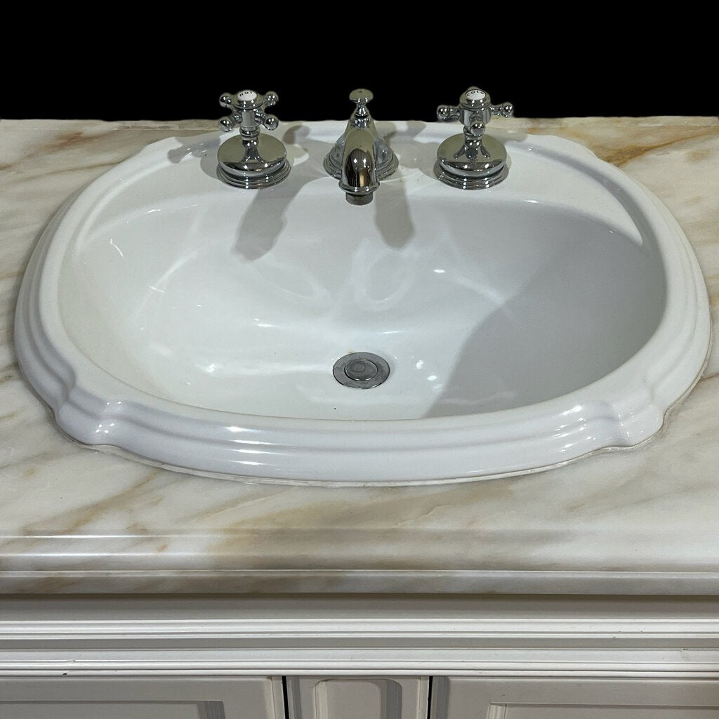 71" White Antique Style Solid Wood Console Converted to Vanity w/ Custom Marble Top/ Sink/ Faucet by Universal Furniture 71Lx23Wx36H