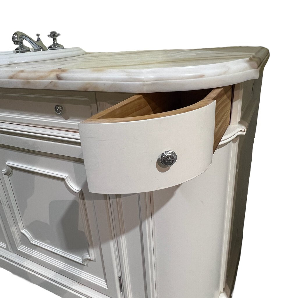 71" White Antique Style Solid Wood Console Converted to Vanity w/ Custom Marble Top/ Sink/ Faucet by Universal Furniture 71Lx23Wx36H