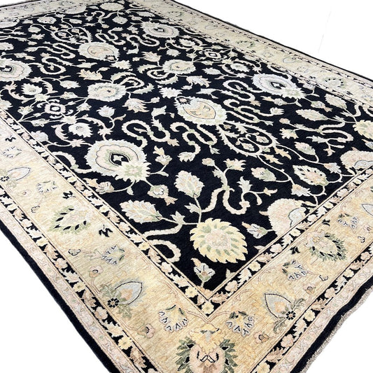 Hand Knotted Black & Ivory Wool Peshawar w/ Mahal Design Rug 10'3"x14'2" Afghanistan