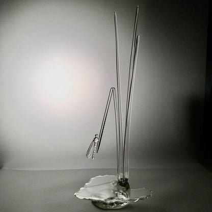 "Serenity Prevails" Blown Art Glass Sculpture of A Damselfly on Tall Grasses Surrounded in Sparkling Water