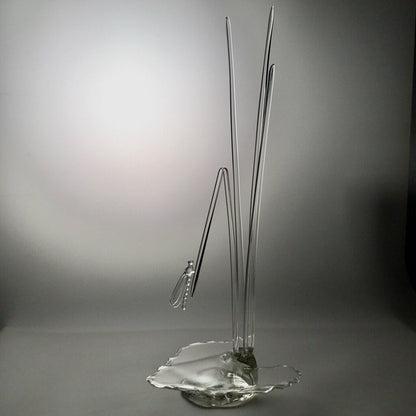 "Serenity Prevails" Blown Art Glass Sculpture of A Damselfly on Tall Grasses Surrounded in Sparkling Water