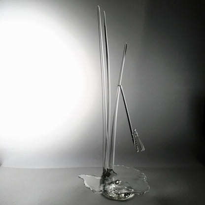 "Serenity Prevails" Blown Art Glass Sculpture of A Damselfly on Tall Grasses Surrounded in Sparkling Water