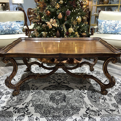 MAITLAND SMITH Italian Rococo Style Carved Walnut Coffee Table w/ Hand-Painted Gold Leaf 48Lx32Wx21H