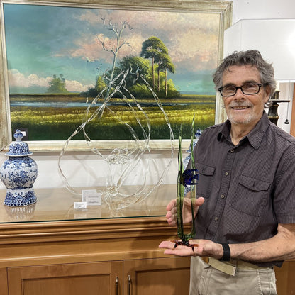 "Serenity Prevails" Blown Art Glass Sculpture of A Damselfly on Tall Grasses Surrounded in Sparkling Water