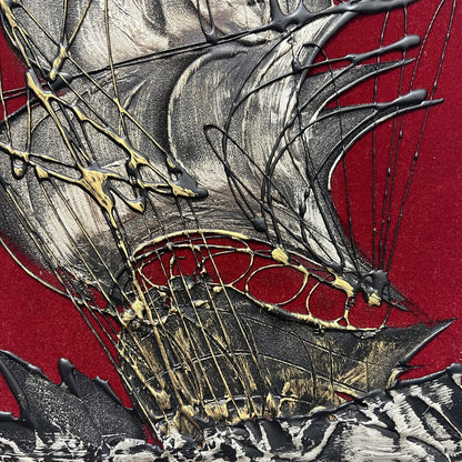 Vintage Drip Paint Barque Three-Mast Ship on Red Velvet w/ Wood Frame 14x23