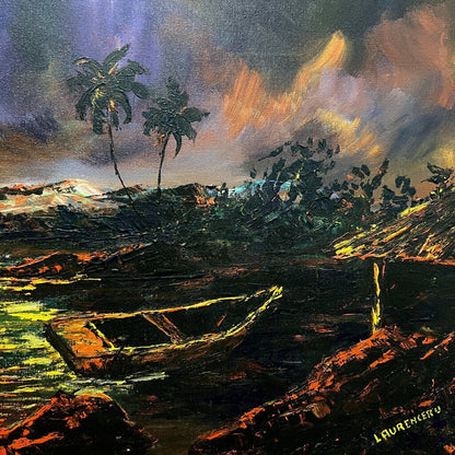 Vintage Haitian Seascape Oil Painting Signed by: Listed Artist Lyonel Laurenceau (1942-) 41Lx29H