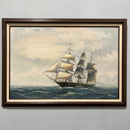 Vintage Three Mast Sailing Ship Oil Painting by: Ani Brose 41"x29"