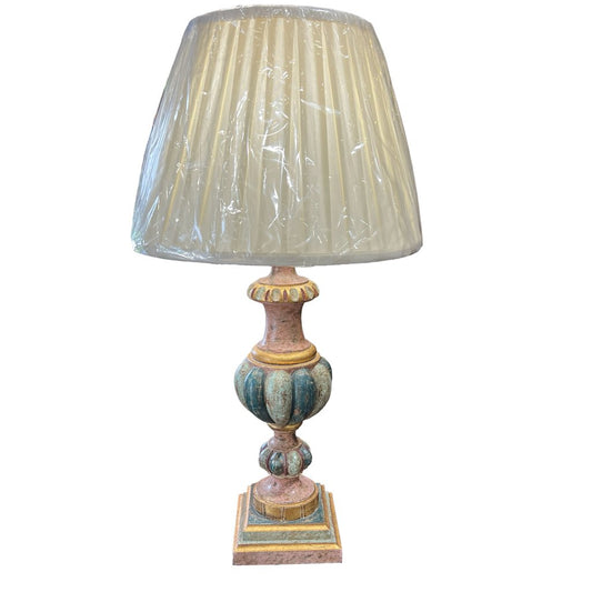Vintage Wildwood Carved Hand-painted Teal & Gold Gilded Wooden Table Lamp w/ New Shade 30" tall