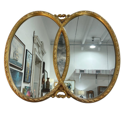 Vintage Hollywood Regency Double Oval Mirror w/ Gold Gilded Wood Frame 47" x 39"