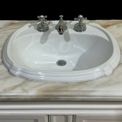 71" White Antique Style Solid Wood Console Converted to Vanity w/ Custom Marble Top/ Sink/ Faucet by Universal Furniture 71Lx23Wx36H