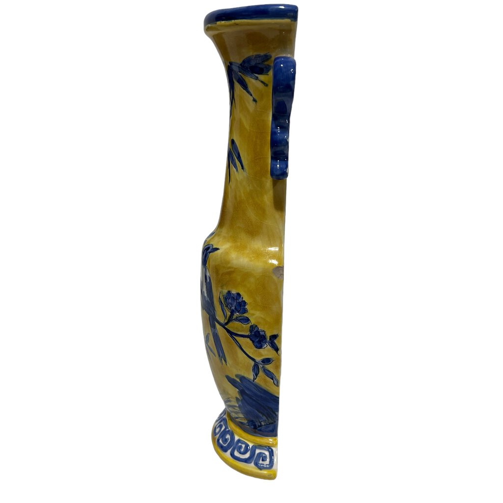 Blue & Yellow Handpainted Bird on Bamboo Ceramic Wall Sconce 12" tall