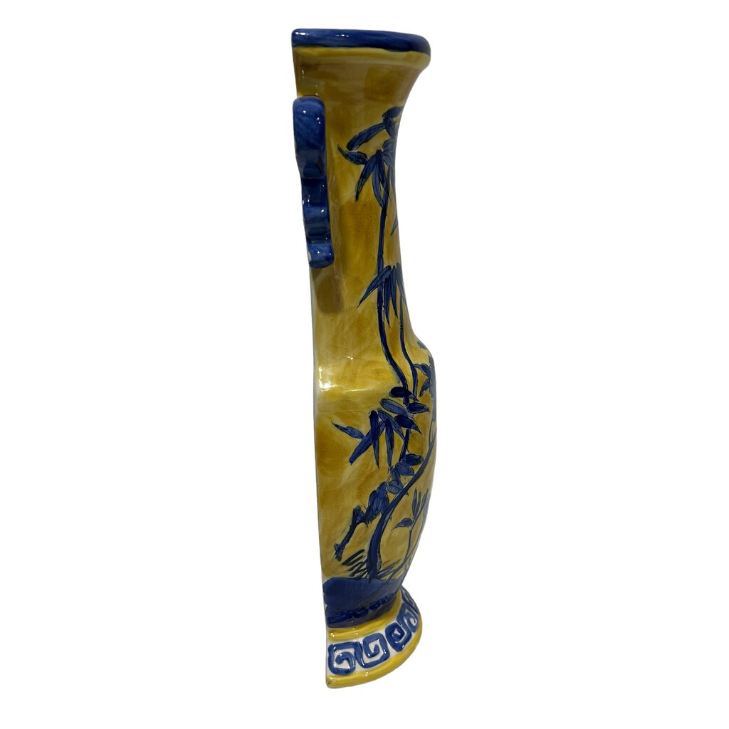 Blue & Yellow Handpainted Bird on Bamboo Ceramic Wall Sconce 12" tall