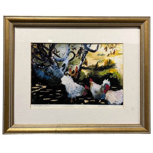 Chickens in "Barnyard Dance" Framed Signed Serigraph by: M. Sauza 11x14