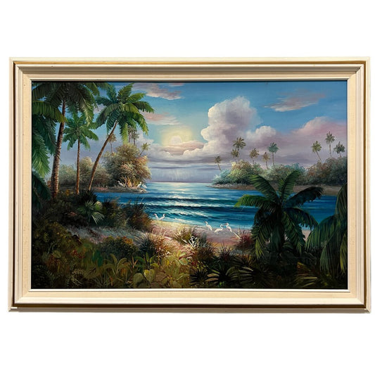 Vintage Florida Palms Birds Beach Scene Oil Painting by: W. Riley 41"x29"