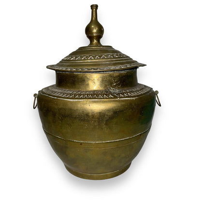 Antique Moroccan Brass Lidded Pot w/ Triangular Motifs 10Wx13H