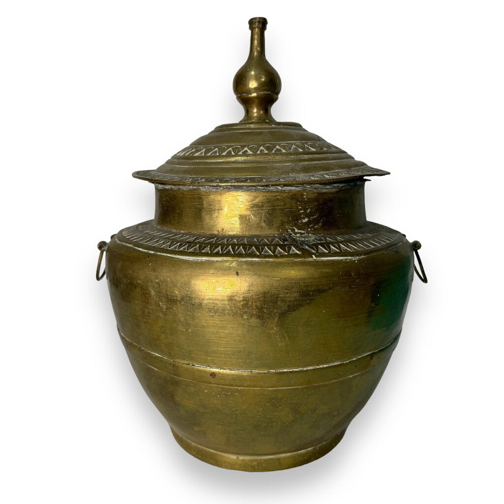 Antique Moroccan Brass Lidded Pot w/ Triangular Motifs 10Wx13H