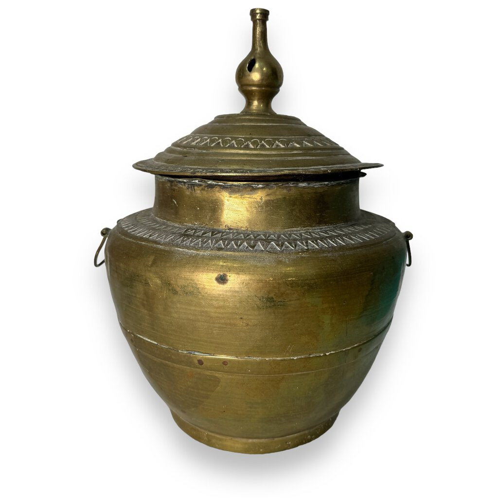 Antique Moroccan Brass Lidded Pot w/ Triangular Motifs 10Wx13H