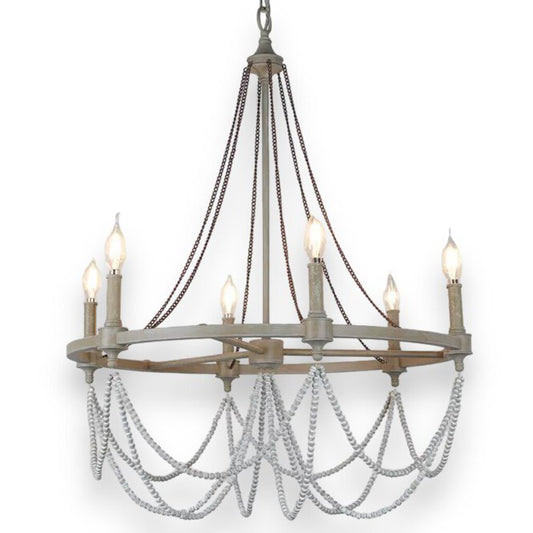 Visual Comfort Beverly 6-Light French Washed Oak & Distressed Beaded Farmhouse Chandelier 36Hx28W Designer: Sean Lavin