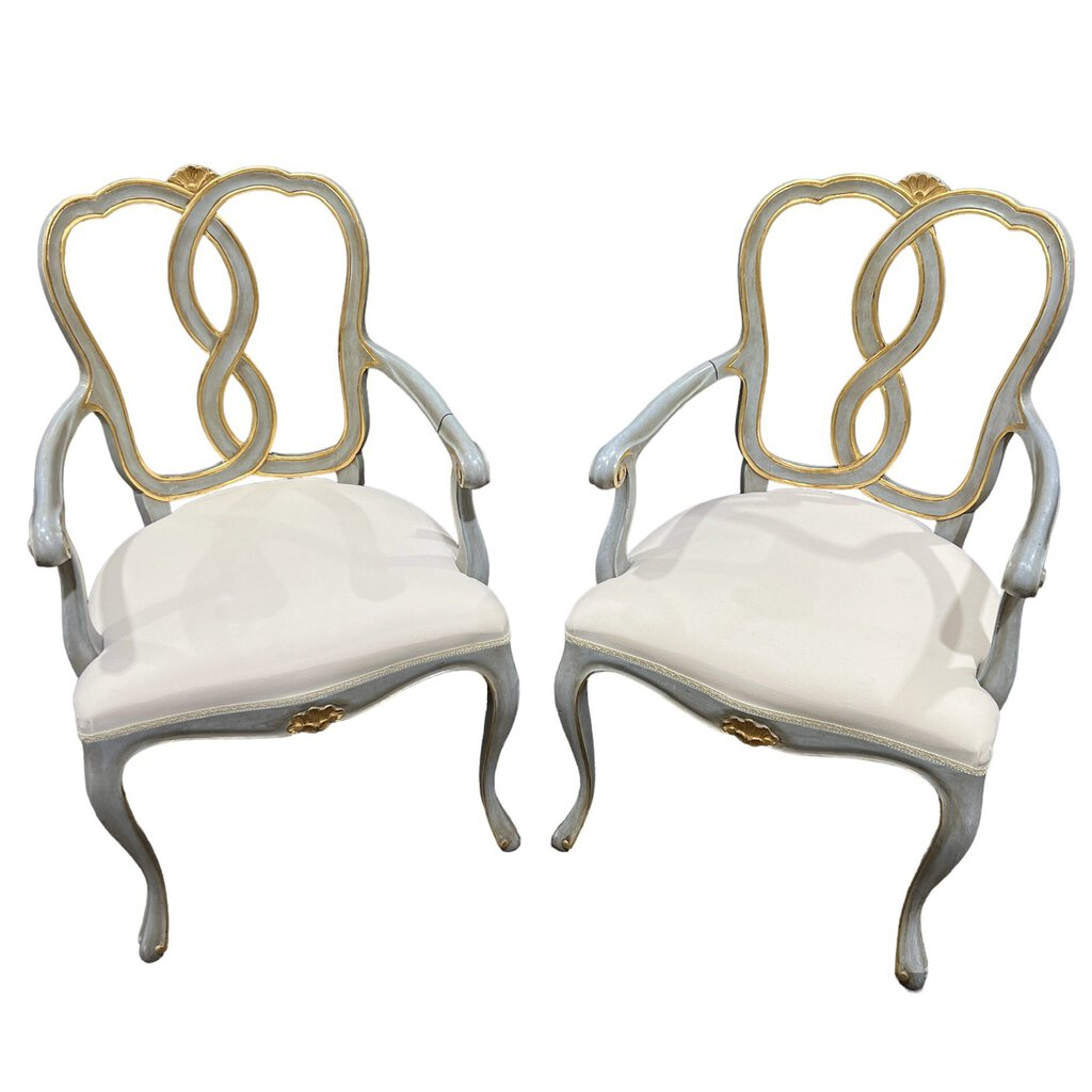 Pair of NEW Serdiana Carved Wood Arm Chairs w/ Lacquered Antiqued Grey Finish & Gold-leaf Accents w/ White Muslin Upholstery Handmade in Italy by: Decorative Crafts (retail new: $4,300 each)