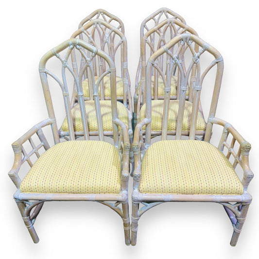 1970s Vintage Henry Link Whitewash Rattan Bamboo Dining Chairs- Set of 8 w/ Removable Back Cushions