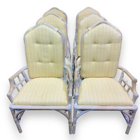 1970s Vintage Henry Link Whitewash Rattan Bamboo Dining Chairs- Set of 6 w/ Removable Back Cushions