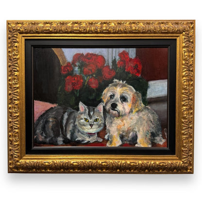Vintage Oil Painting on Canvas of Shih Tzu and Cat "Best Friends" Gold Gilded Wood Frame 32.5Lx26.5H