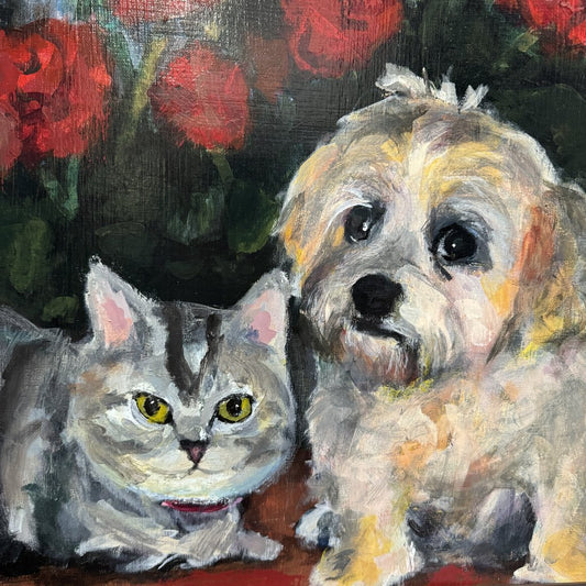 Vintage Oil Painting on Canvas of Shih Tzu and Cat "Best Friends" Gold Gilded Wood Frame 32.5Lx26.5H