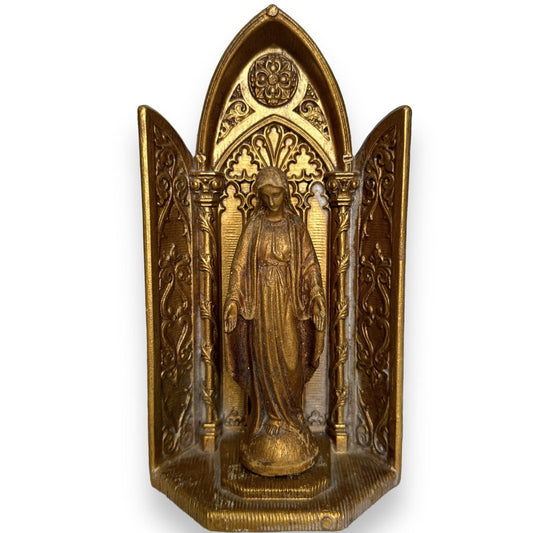 1954 Mid Century Madonna Figurine in Gold Gilt 8" Tall, Blessed Mother Virgin Mary Altar by: Multi Products Inc.