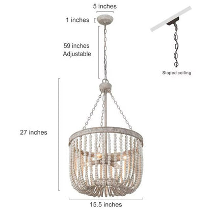 4 Light French Country Distressed Gray & White Beaded Chandelier 15.5Wx27H