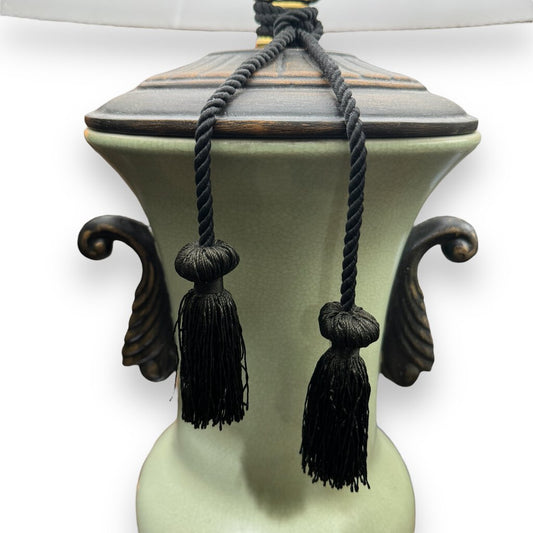 Pair of Sedgefield Celadon Glazed Asian Urn Lamps by Adams 29" tlall