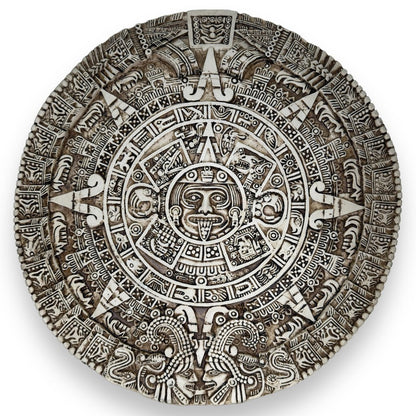 17" Plaster Replica of The Aztec Sun Stone (Aztec Calendar) Carved from Solidified Lava in the late 15th Century Mexica sculpture.