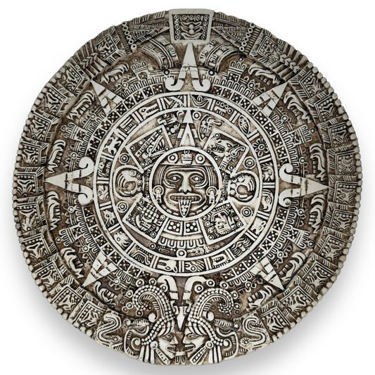 17" Plaster Replica of The Aztec Sun Stone (Aztec Calendar) Carved from Solidified Lava in the late 15th Century Mexica sculpture.
