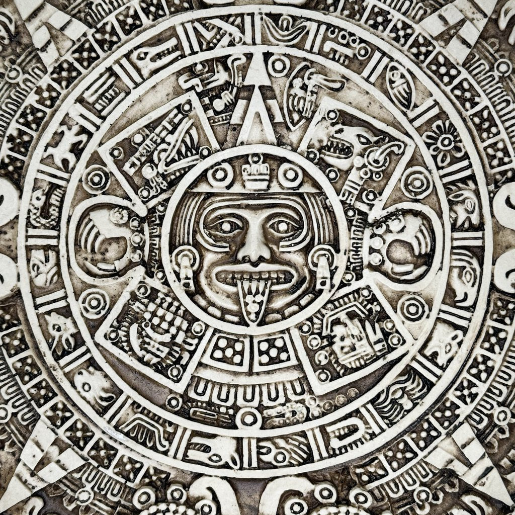 17" Plaster Replica of The Aztec Sun Stone (Aztec Calendar) Carved from Solidified Lava in the late 15th Century Mexica sculpture.