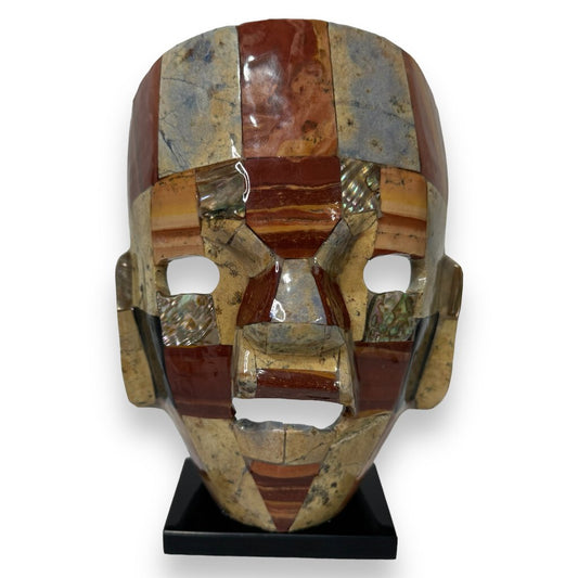 Pre-Columbian Style Aztec Death Mask Made w/ Various Tessellated Semi Precious Stones Mounted on Marble 6.25Lx3.75Wx8.5H