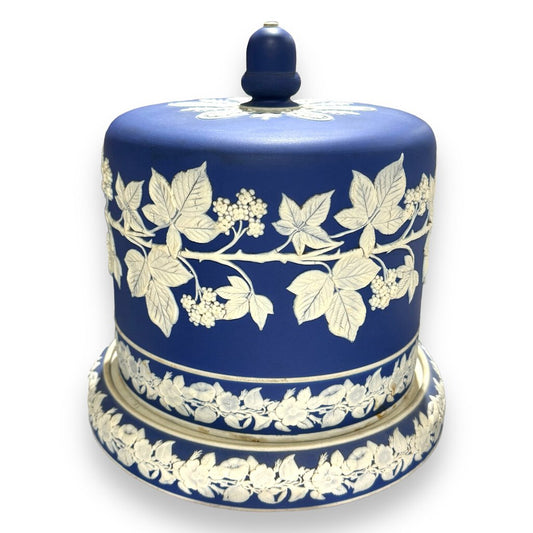 RARE Large Wedgwood Cobalt Blue & White Anthemion Motif Jasperware Cheese Dome & Base 10.25Wx11.5H