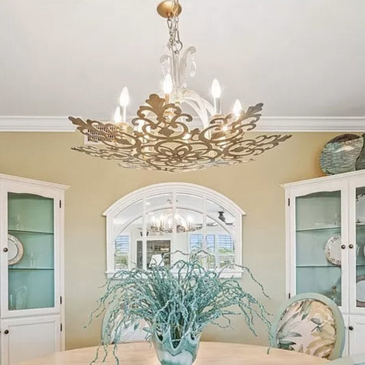 Silvery Gold Toned Snowflake Scroll Style 8 Light Crystal Drop Chandelier 18" tall 36" diameter