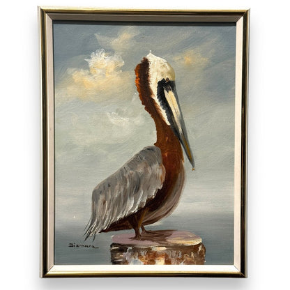 Mid-Century Pelican on Dock Oil Painting by Listed Artist Herman Biemann (1930-2015) 10"x13"