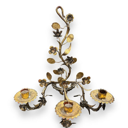 Pair of Italian Gold Gilded Floral Candle Sconces 14Wx15H (candles not included)