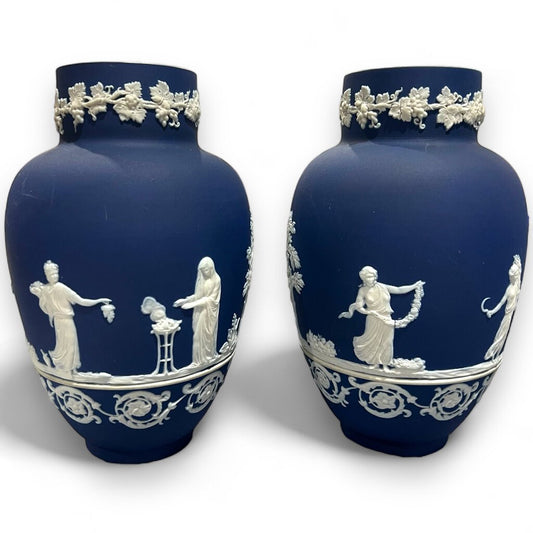 Set of 2 Vintage AdamsBlue Jasperware Vases 10"