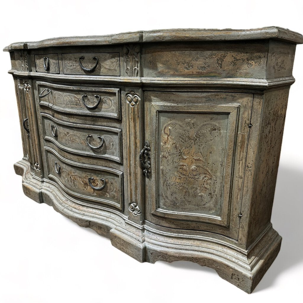 Custom Designer Hand-painted Carved Wood Aurora Dresser or Buffet w/ Hand Forged Iron Handles Made in Peru