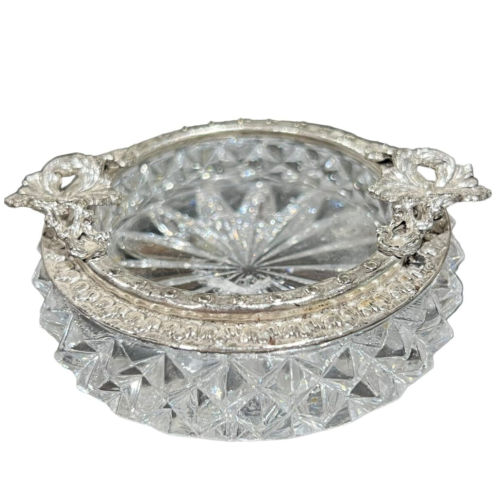 Small Vintage Crystal Ashtray w/ Metal Rim 2.5" dia