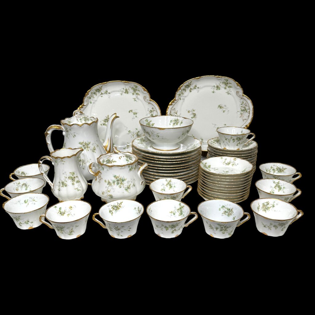 1903 Theodore Haviland Limoges France 55pc Coffee & Luncheon Set Green & Gold Pattern Porcelain