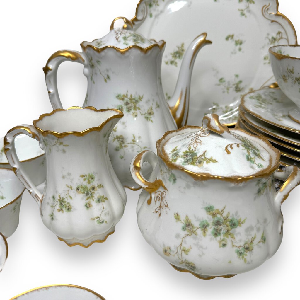 1903 Theodore Haviland Limoges France 55pc Coffee & Luncheon Set Green & Gold Pattern Porcelain