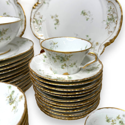 1903 Theodore Haviland Limoges France 55pc Coffee & Luncheon Set Green & Gold Pattern Porcelain