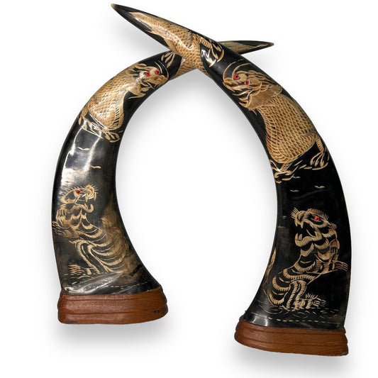 Pair of Vintage Hand Carved Water Buffalo Horns w/ Wood Base --Tigers & Dragons, Feng Shui 16" tall