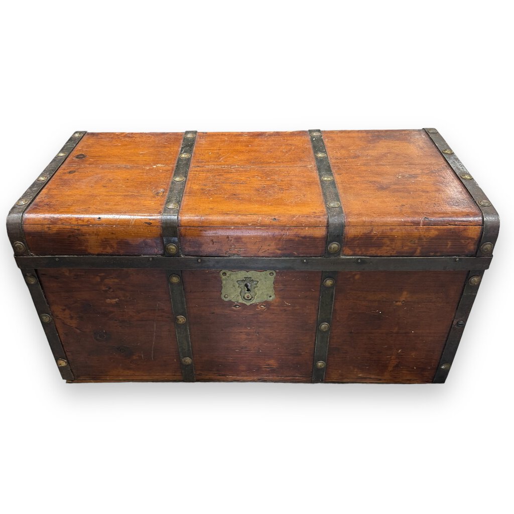 Antique Pine Map or Utility Chest Trunk w/ Iron & Leather Straps and Brass Nails28Lx15Wx14H