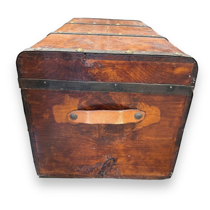 Antique Pine Map or Utility Chest Trunk w/ Iron & Leather Straps and Brass Nails28Lx15Wx14H