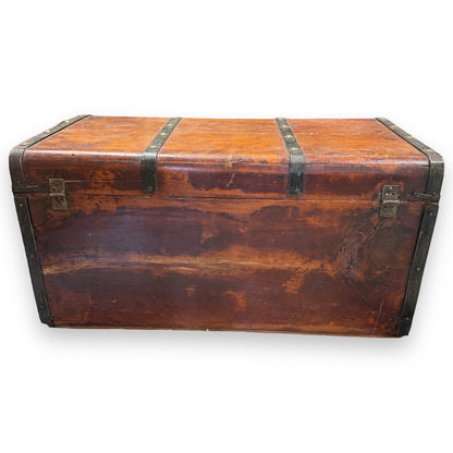 Antique Pine Map or Utility Chest Trunk w/ Iron & Leather Straps and Brass Nails28Lx15Wx14H